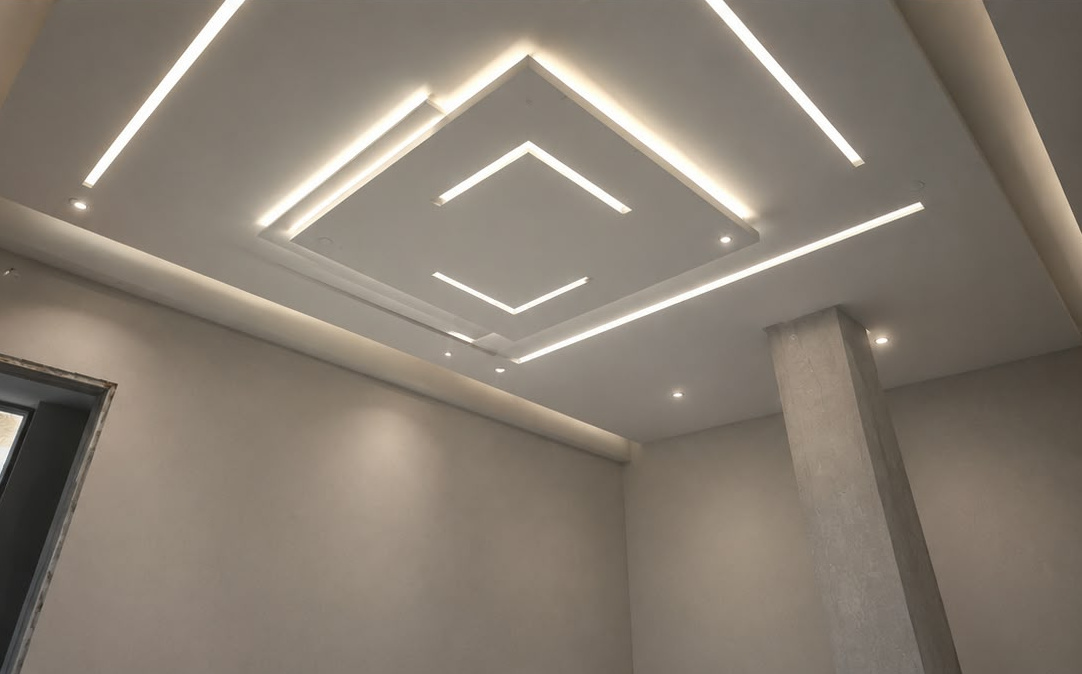 Elmas formlu orta göbek ve çevresinde simetrik lineer LED ışık çizgileriyle tasarlanmış geniş salon asma tavanı